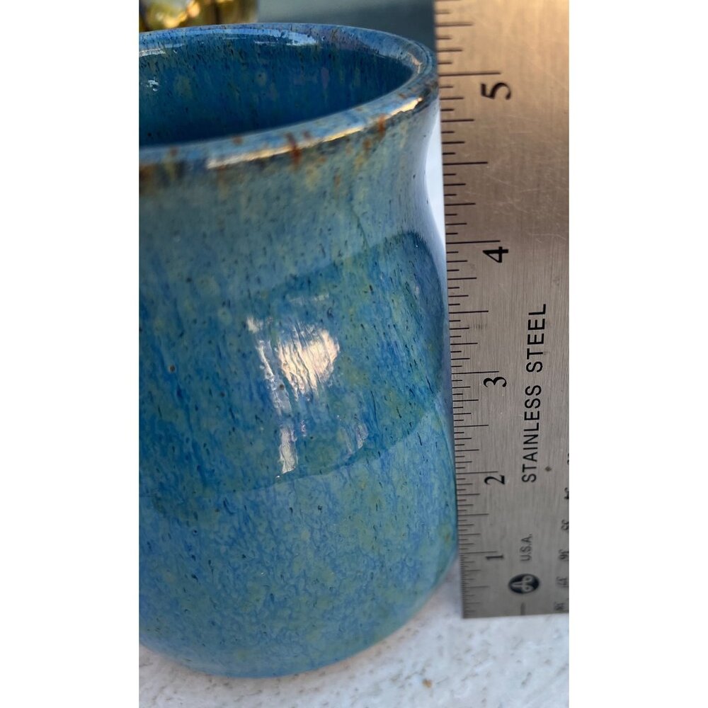 Signed Ceramic Mug Handmade Blue Glaze Stamped Front Detail 6x5x4.5 Coffee Tea - Picture 3 of 8